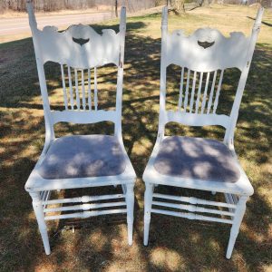 Antique Ivory Straight Back Chairs / with Padded Seat